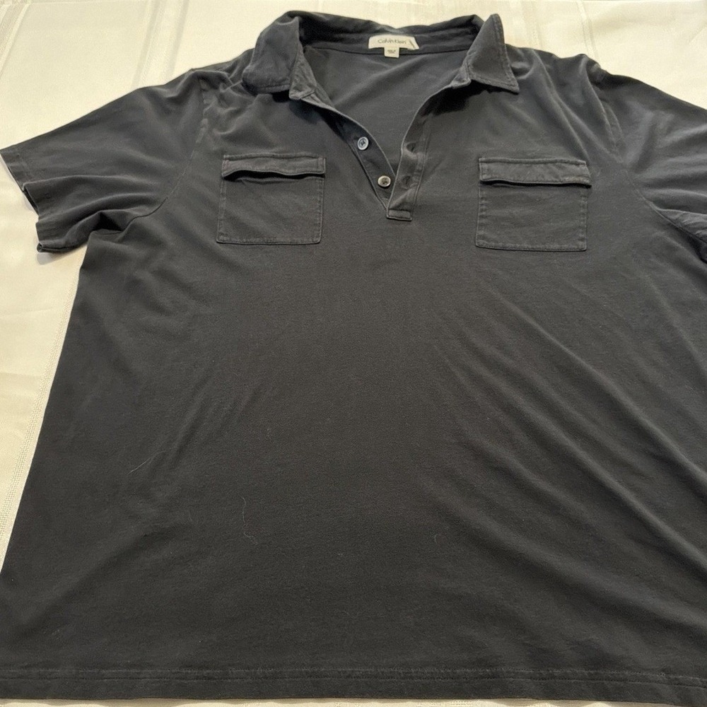 Calvin Klein Mens Black Short Sleeve Polo Shirt Double Chest Pockets XL